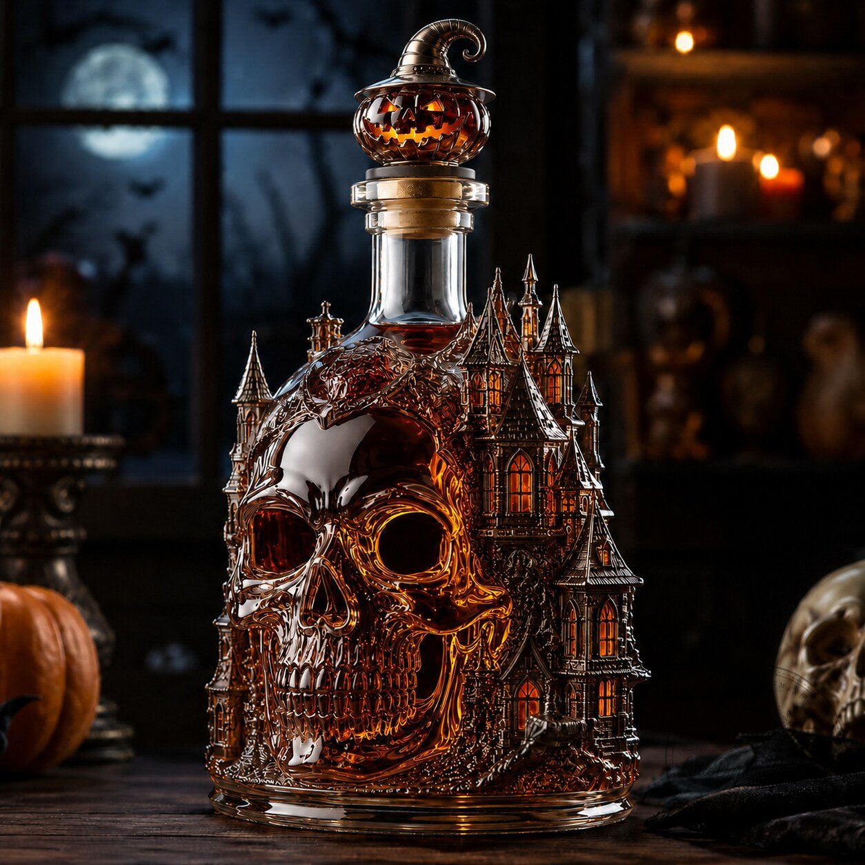 Halloween Haunted Castle Skull Whiskey Decanter