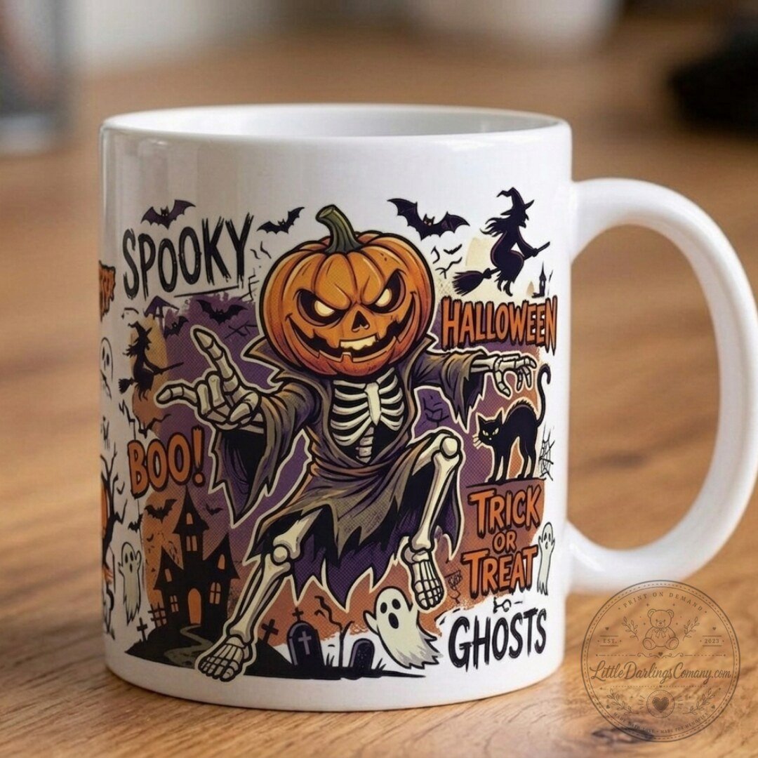 Spooky Skeleton Pumpkin Head Halloween Coffee Mug