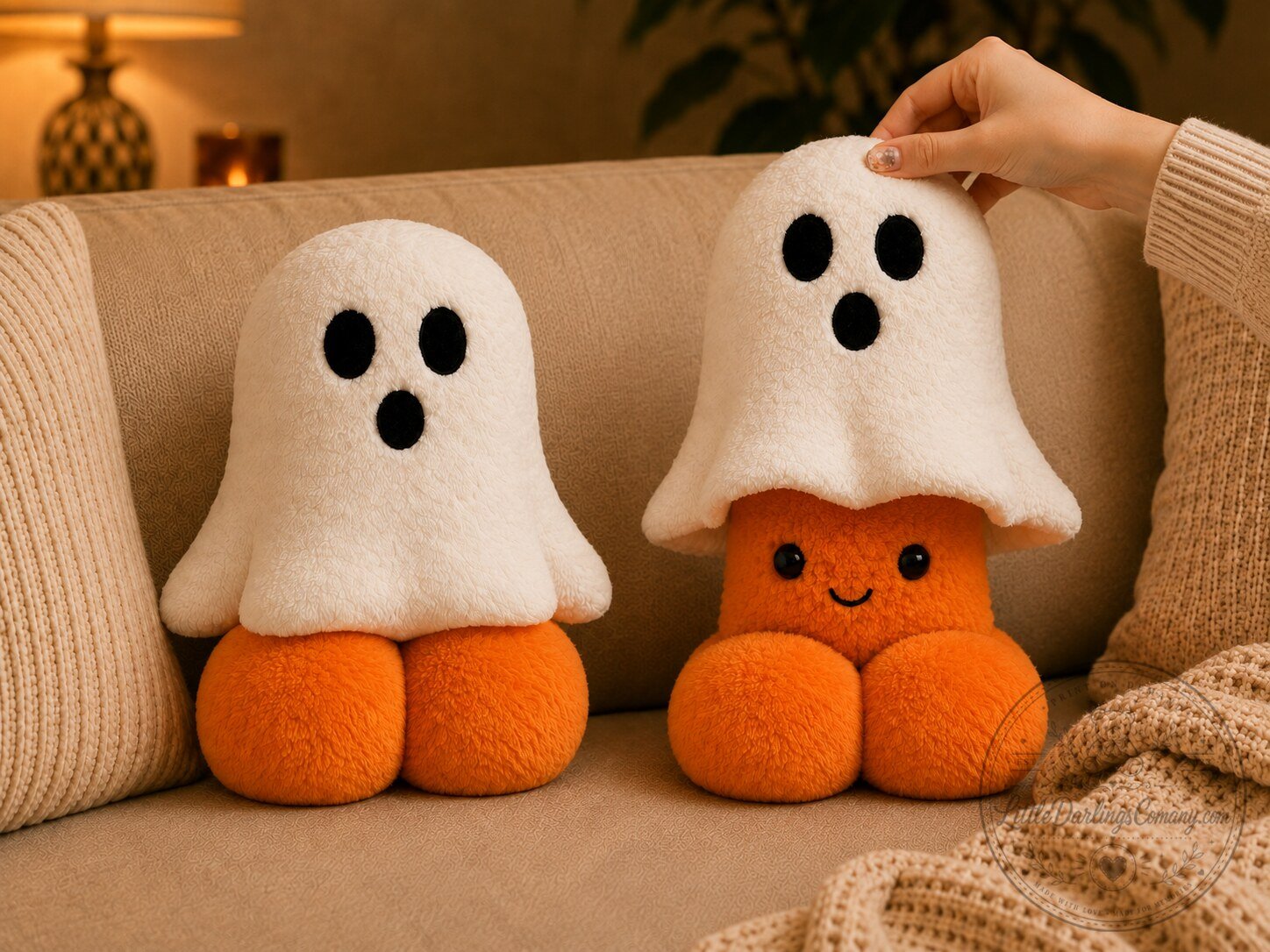 "Custom Argentina Jersey & Halloween Plush: Personalized Soccer & Spooky Decor" 3 Halloween Ghost Plush Toy with Orange Pumpkin Base - Soft Stuffed Halloween Decoration Doll